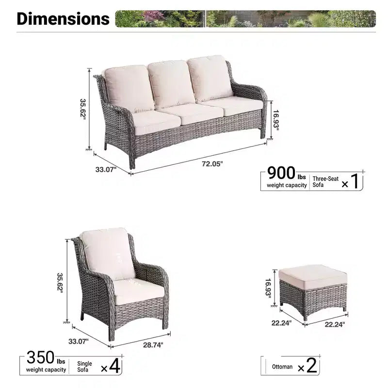 Ovios Orlando 7-teilige Lounge-Garnitur aus grauem Rattan für den Außenbereich mit Kissen
