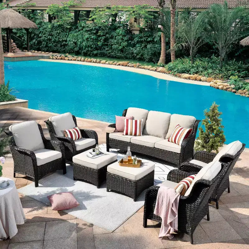 Ovios Orlando 7pc Gray Wicker Outdoor Patio Furniture Conversation Sofa Set with Cushions