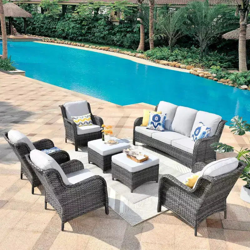 Ovios Orlando 7-teilige Lounge-Garnitur aus grauem Rattan für den Außenbereich mit Kissen