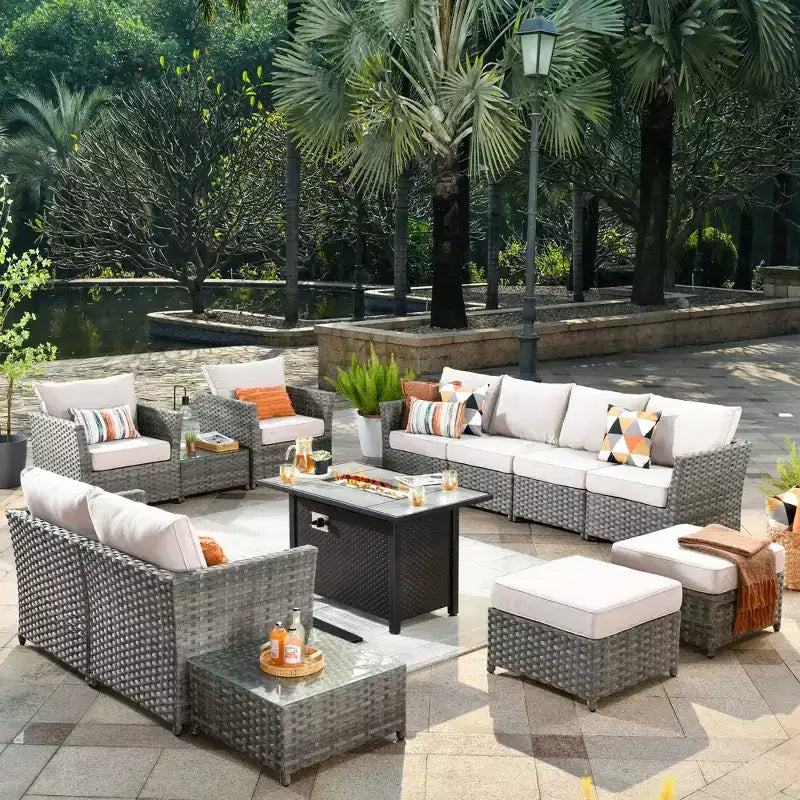 Tenaya 13pc Wicker Outdoor Patio Furniture Set Conversation Sofa with a Metal Fire Pit and Cushions