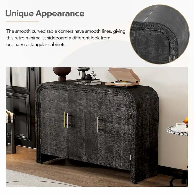 Natural Wood Wash / Antique Black Curved 3-Door Sideboard with Adjustable Shelves for 1–2 Person