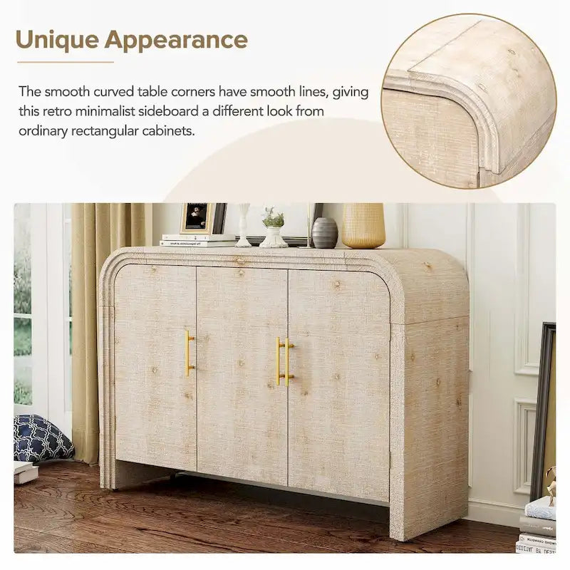 Natural Wood Wash / Antique Black Curved 3-Door Sideboard with Adjustable Shelves for 1–2 Person
