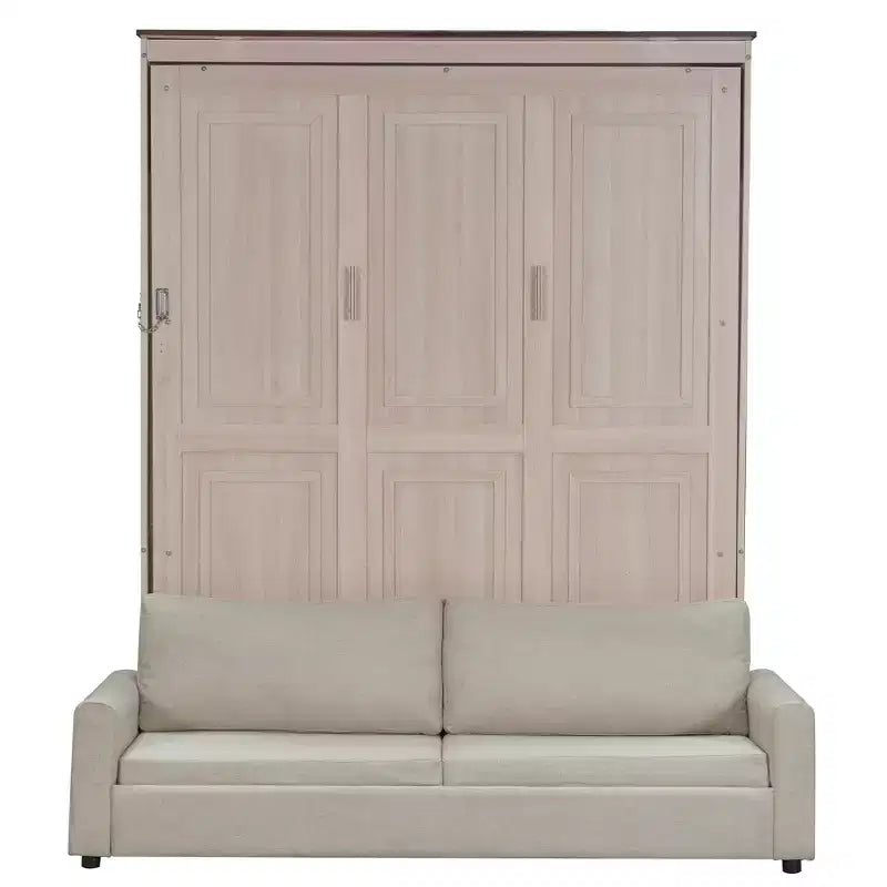 Murphy-Bett in Queen-Size mit Sofa, Queen-Schrankbett aus Holz mit LED-Beleuchtung, klappbares Truhenbett für Gästezimmer, Beige