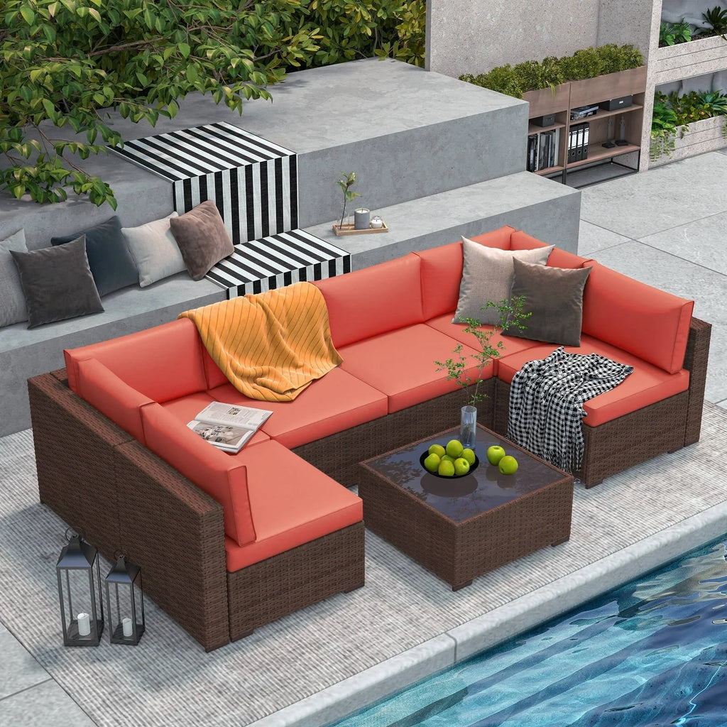 7-teiliges Outdoor-Sofa-Set aus Korbweide/Stahl mit Polstern