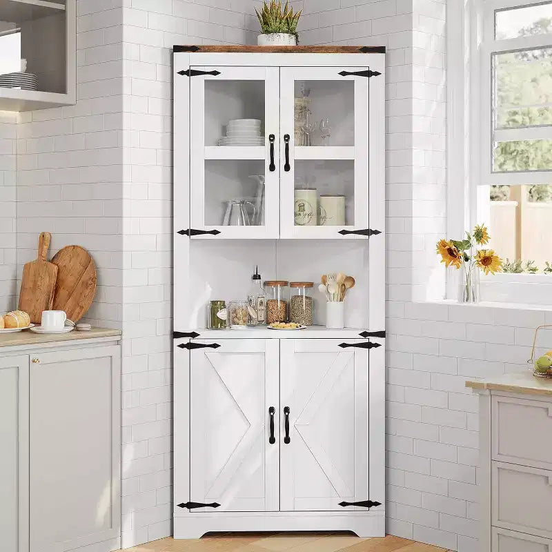 69" Hoher Eckschrank, Bauernhaus-Eckschrank, platzsparender Stauraum, Glastür, verstellbare Einlegeböden, für Wohnzimmer, Küche