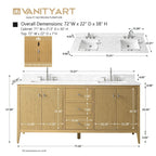 Vanity Art 72 Zoll Badezimmer-Waschtischunterschrank mit Doppelwaschbecken und Kunstmarmorplatte