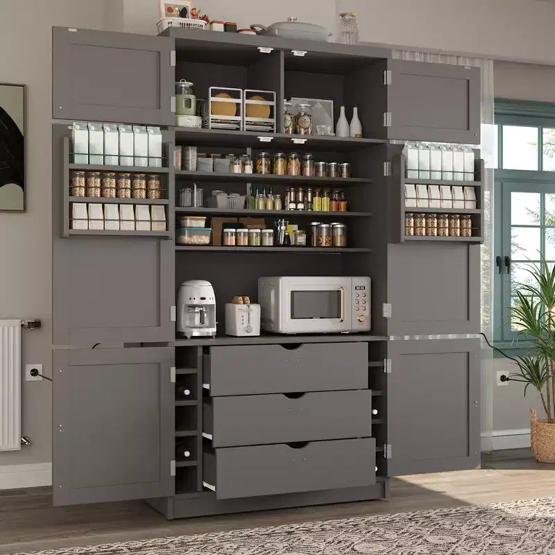 Hoher Küchenschrank mit Steckdosen, großer freistehender Schrank mit Mikrowellenständer, Schubladen, Regalen, Weinregalen und Türregal