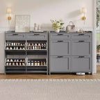 Schuhschrank mit 4 Klappfächern und 2 oberen Schubladen, Schuh-Organizer-Schrank aus Holz mit verstellbarem Regal, freistehende Schuhaufbewahrungsschränke
