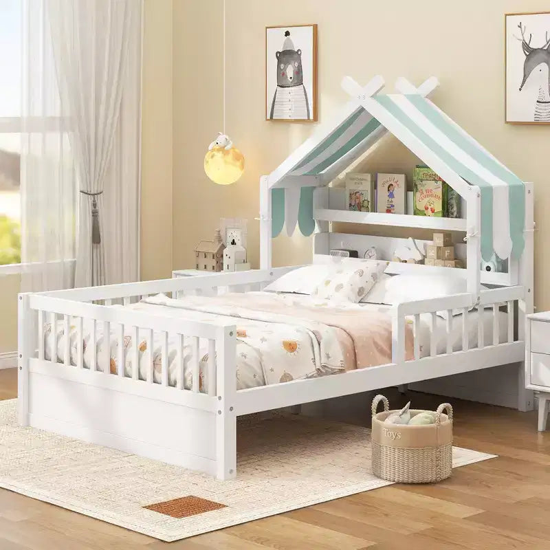 ModernLuxe Hausbett aus Holz für Zwillinge/Standardgröße mit Stauraum-Kopfteil, Kinderbettgestell aus massivem Kiefernholz mit Rausfallschutz