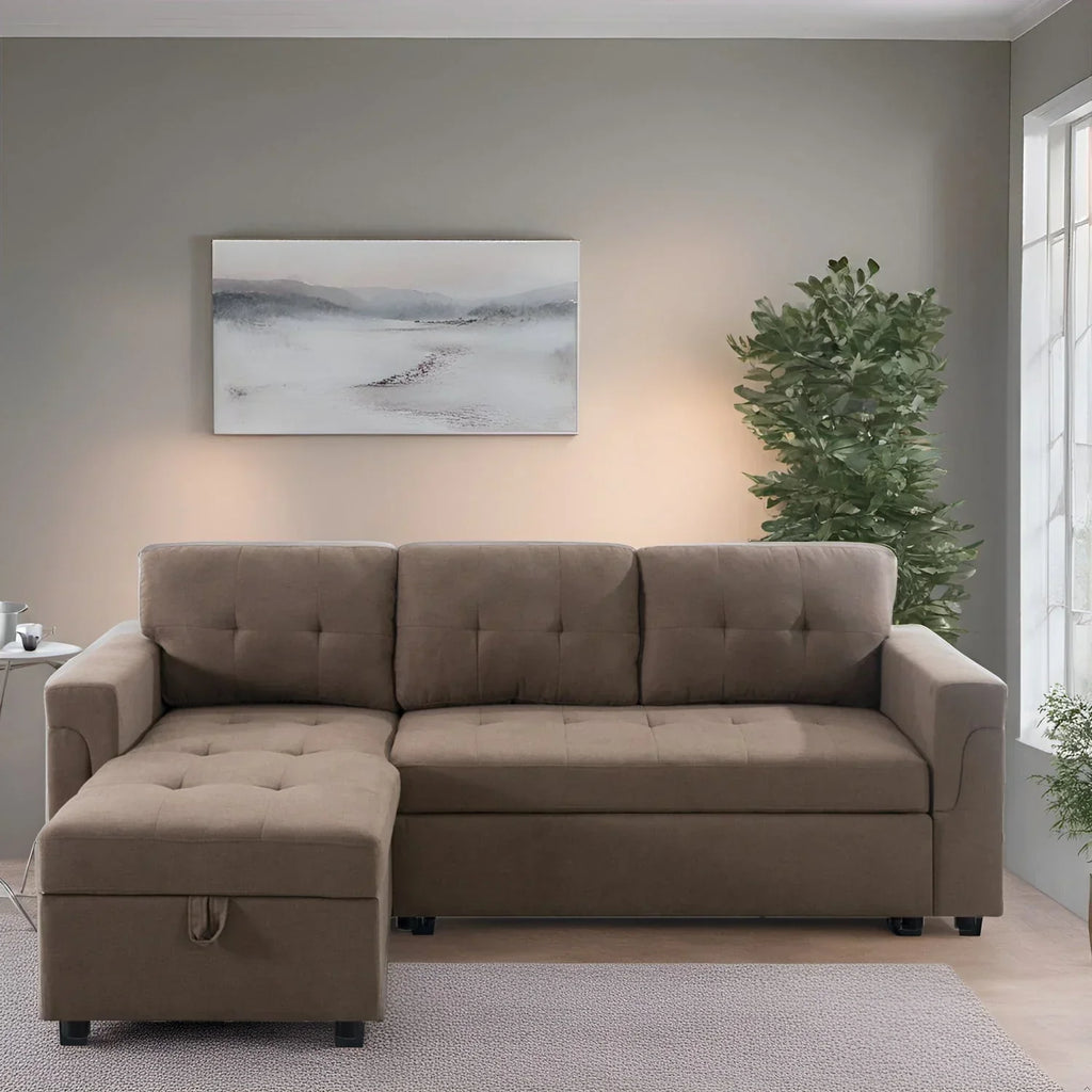 Verwandelbares, umbaubares Ecksofa mit ausziehbarem Schlafsofa, versteckter Aufbewahrung in der Récamiere und robusten Beinen