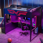 Vollständiges Gaming-Hochbett mit Schreibtisch und LED-Beleuchtung, großes Hochbett aus Holz mit Treppe und Stauraumtreppe sowie USB-Anschluss, Rot+Schwarz