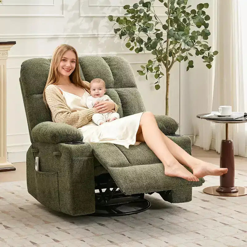 Übergroßer Relaxsessel für Erwachsene, Manueller Dreh-Schaukelsofa, Seitentaschen & Getränkehalter für Große und Schwergewichtige, Wohnzimmer