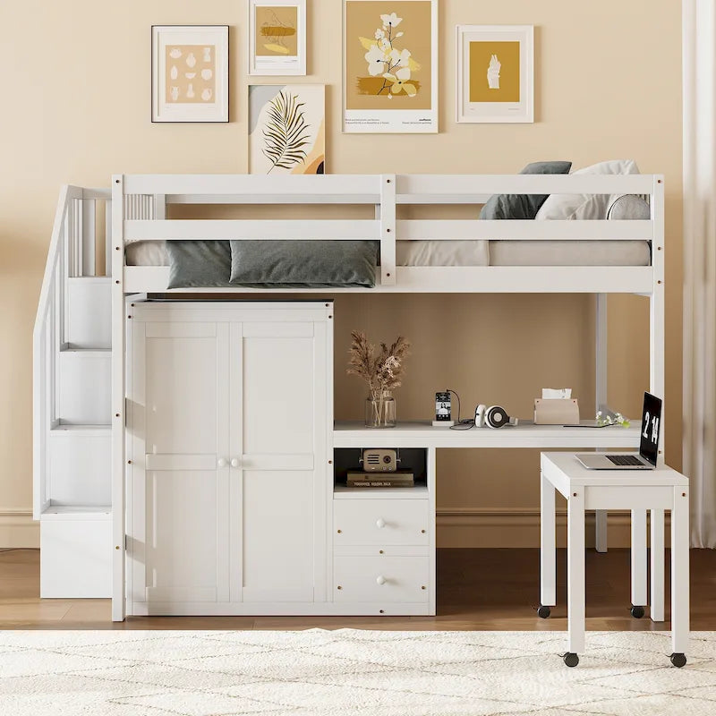 Doppelbett-Hochbett mit Treppe, Bücherregal, Schreibtisch und Kleiderschrank – platzsparendes Multifunktionsmöbel für Kinder & Jugendliche – Weiß