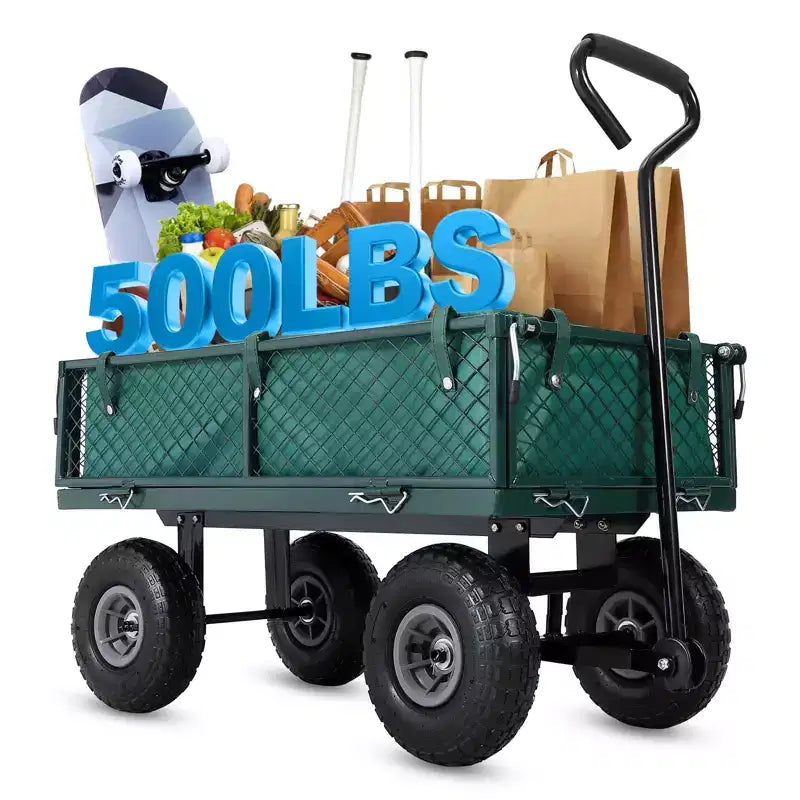 Hochleistungs-Stahl-Gartenwagen, 500 Lbs, klappbarer Gerätewagen mit abnehmbaren Gitterseiten und Einlage, 10 pneumatische Reifen, Ziehgriff