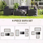 4-teiliges Rattan-Sofa-Set, Korbsessel-Set mit Zweisitzer, Couchtisch mit Glasplatte für Garten und Außenbereich