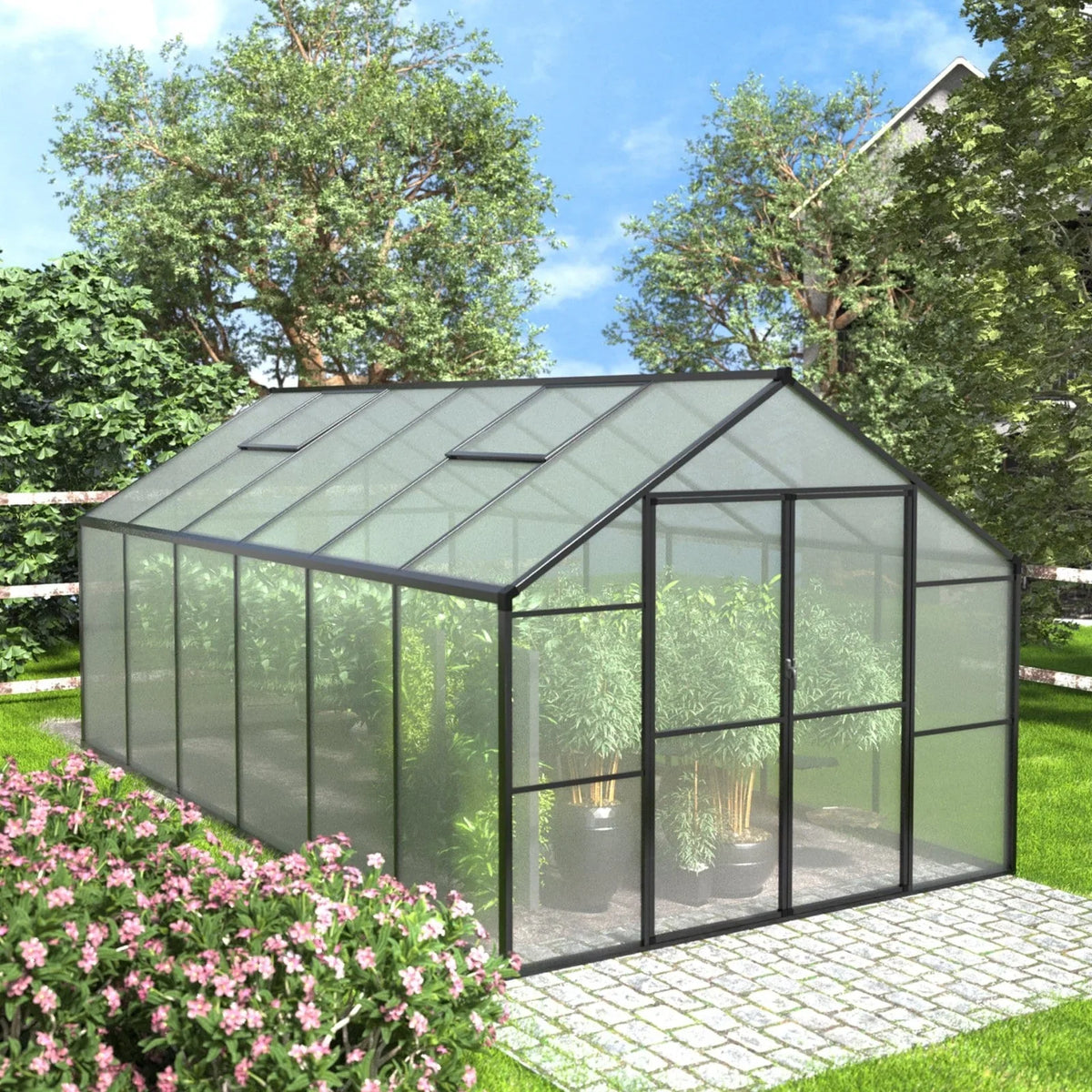 VEIKOUS Aluminium-Gewächshaus-Bausatz mit begehbarem Garten, verstellbarer Dachluke und abschließbarer Tür, Grau