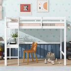 Okak Minimalism Hochbett mit Leiter, Hochbett aus Kautschukholz mit Sicherheitsgeländer und integriertem Schreibtisch, Bettrahmen für Kinder, Jugendliche