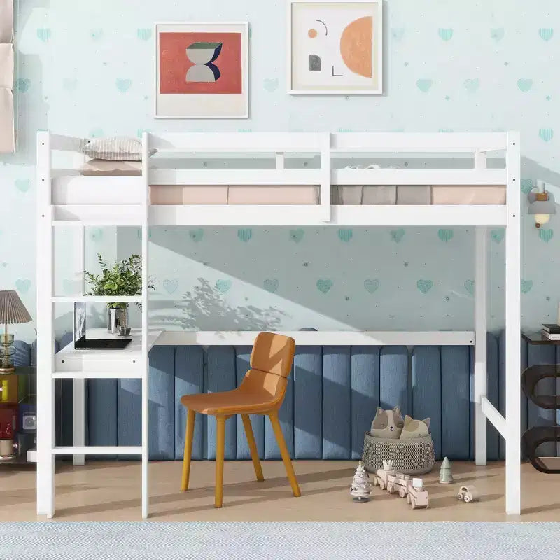 Okak Minimalism Hochbett mit Leiter, Hochbett aus Kautschukholz mit Sicherheitsgeländer und integriertem Schreibtisch, Bettrahmen für Kinder, Jugendliche