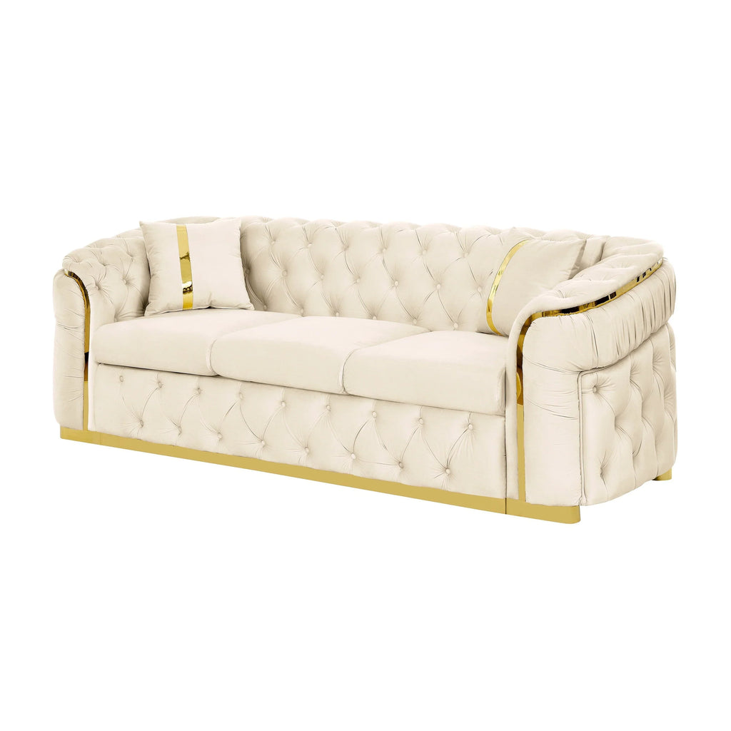 90.6 Samt-Dreisitzer-Sofa mit 2 Kissen, hochdichten Polstern, goldenen Akzenten und Kissen