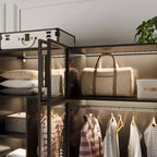 Hitow Pure Black Luxus-Kleiderschrank mit Türen aus gehärtetem Glas, 3-Farben-LED-Beleuchtung, vom Boden bis zur Decke reichender Schlafzimmerschrank-Organizer, Ankleidezimmerschrank