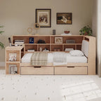 L-förmiges Holzsofa-Tagesbett mit Schreibtisch, Bücherregal, Eckbett mit Schubladen unter dem Bett, gepolstertem Kopfteil und integrierter Beleuchtung