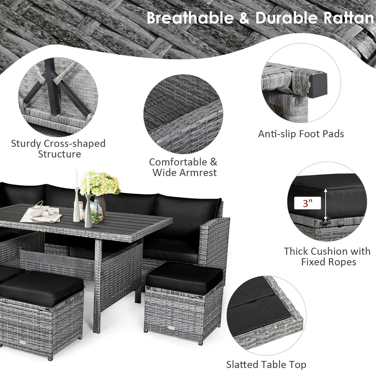 Costway 7-teiliges Terrassen-Essgruppe Rattan-Sofa Couch Ottomane – Details ansehen