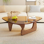 Dreieckiger Couchtisch aus Holz mit Glasplatte