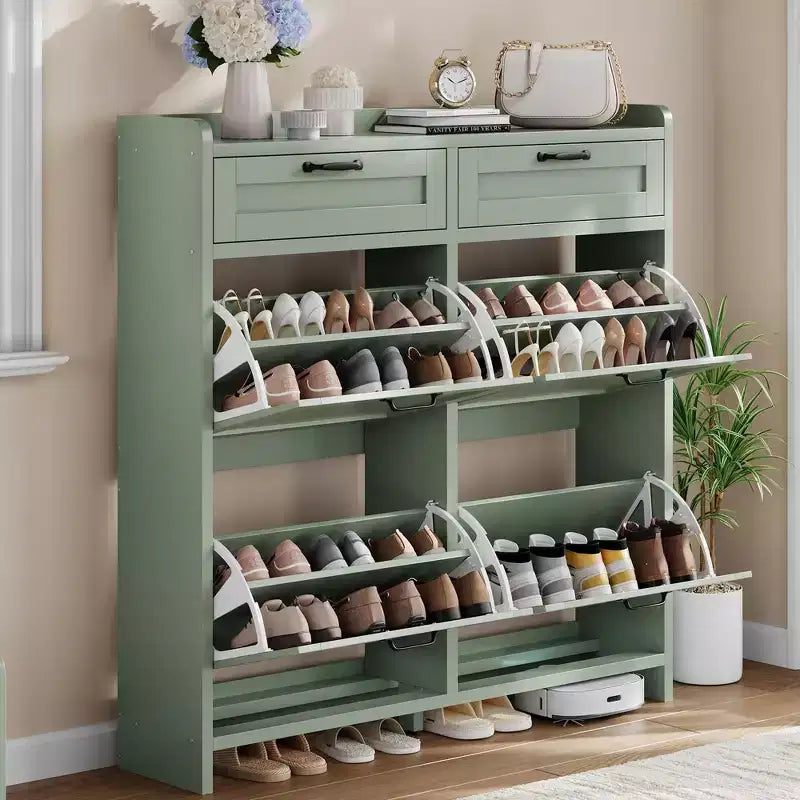 Schuhschrank mit 4 Klappfächern und 2 oberen Schubladen, Schuh-Organizer-Schrank aus Holz mit verstellbarem Regal, freistehende Schuhaufbewahrungsschränke