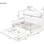 Acekool Hausbett in voller Größe mit ausziehbarem Doppelbett, Schubladen und Regalen, Dach und Zaun, Kinderplattformbett, Weiß
