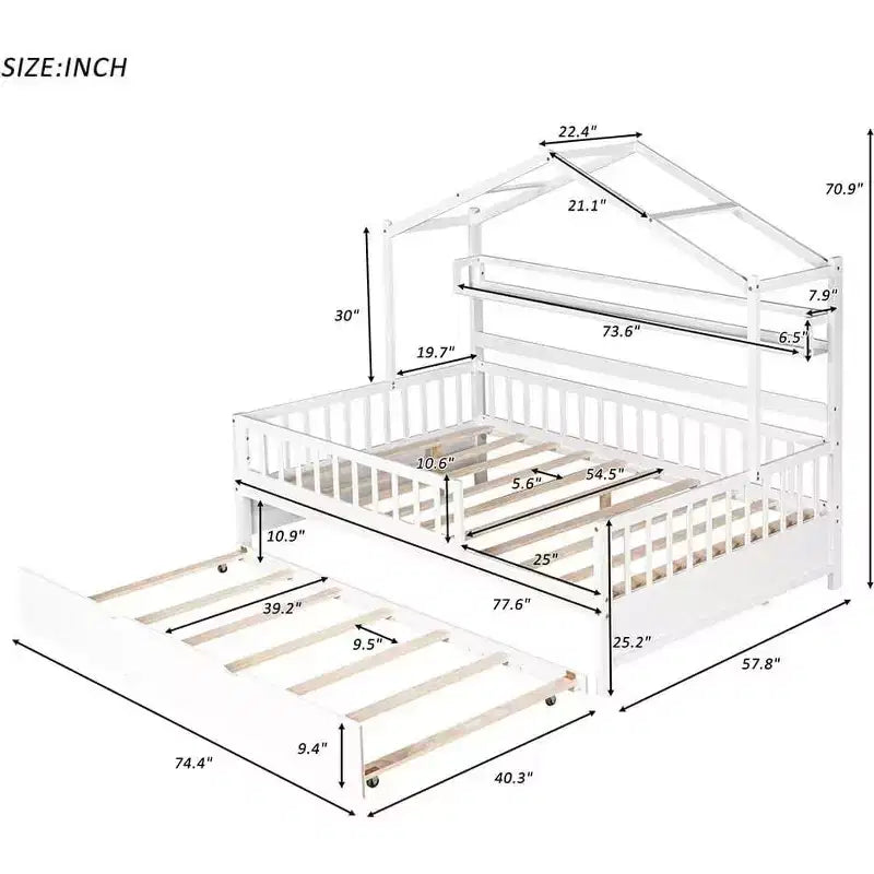 Acekool Hausbett in voller Größe mit ausziehbarem Doppelbett, Schubladen und Regalen, Dach und Zaun, Kinderplattformbett, Weiß