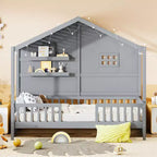 Hausbett in Twin-Größe mit Ablageregalen und Rausfallschutz, Montessori-Bettrahmen aus Holz für Kinder mit Fenster und glitzerndem Lichtband