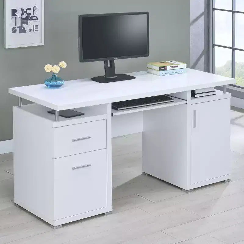TUYOHW 55 Holzschreibtisch, Büroschreibtisch mit 2 Schubladen, 1 Schrank, 1 offenem Regal, 1 Tür, Arbeitstisch für Heimbüro, Arbeitszimmer, kleine Räume