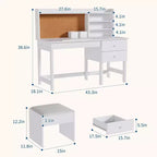 Kinder Schreibtisch und Stuhl Set, Holz Lerntisch mit verstellbarer Neigungsplatte, Schubladen & Korktafel - Schul-Lernschreibtisch Set für Kinder