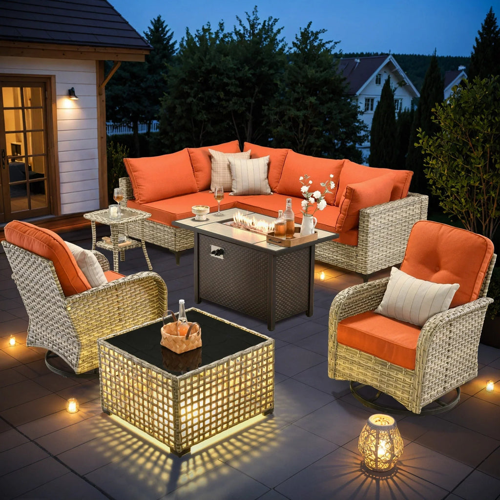 OVIOS 9-teiliges Gartenmöbel-Set aus Korbsessel und Feuertisch