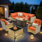 OVIOS 9-teiliges Gartenmöbel-Set aus Korbsessel und Feuertisch