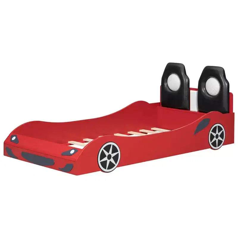 Whisen Wood Plattformbett in Rennwagen-Form, Twin-Größe, mit LED-Beleuchtung und gepolsterter Rückenlehne