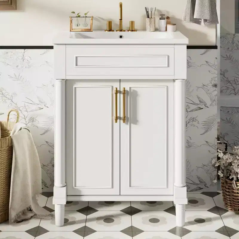 24-Zoll-Badezimmerwaschtisch mit Keramikwaschbecken, Shaker-Schrank, 2 Soft-Close-Türen, Massivholzrahmen für kleines Bad oder Gästetoilette
