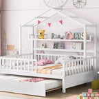 Acekool Hausbett in voller Größe mit ausziehbarem Doppelbett, Schubladen und Regalen, Dach und Zaun, Kinderplattformbett, Weiß