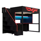 Vollständiges Gaming-Hochbett mit Schreibtisch und LED-Beleuchtung, großes Hochbett aus Holz mit Treppe und Stauraumtreppe sowie USB-Anschluss, Rot+Schwarz
