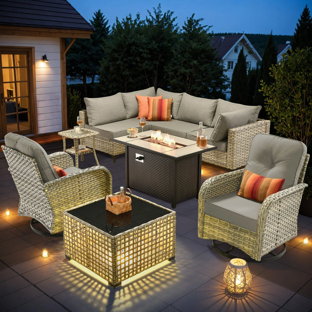 OVIOS 9-teiliges Gartenmöbel-Set aus Korbsessel und Feuertisch