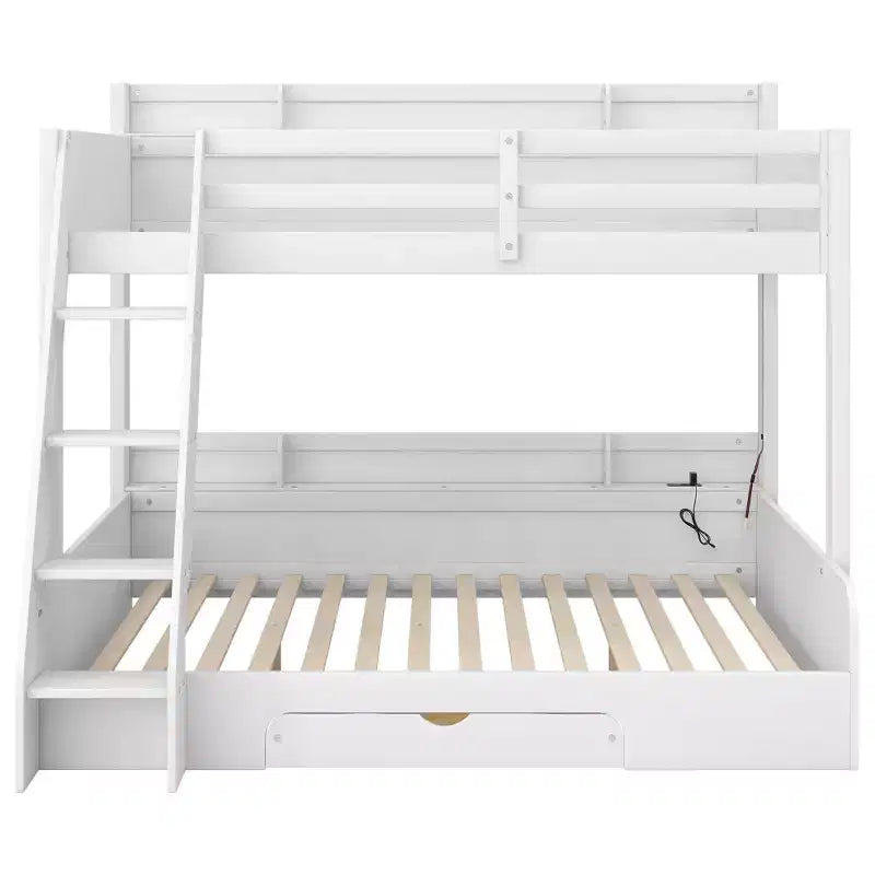 Etagenbett für Geschwister (oben: Twin, unten: Full) mit Stauraum, LED-Beleuchtung und Ladestation, Holzetagenbett mit seitlichen Regalen für Kinder & Jugendliche