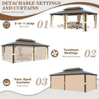 EROMMY Hardtop-Pavillon, Outdoor-Pergola mit Doppeldach & Netzen & Vorhängen, Hochleistungs-Canopy für Terrasse, Garten, Poolparty