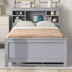 Plattformbett mit Rollbett und Schubladen, Stauraumbett mit USB-Anschluss, Holzbett mit Bücherregal