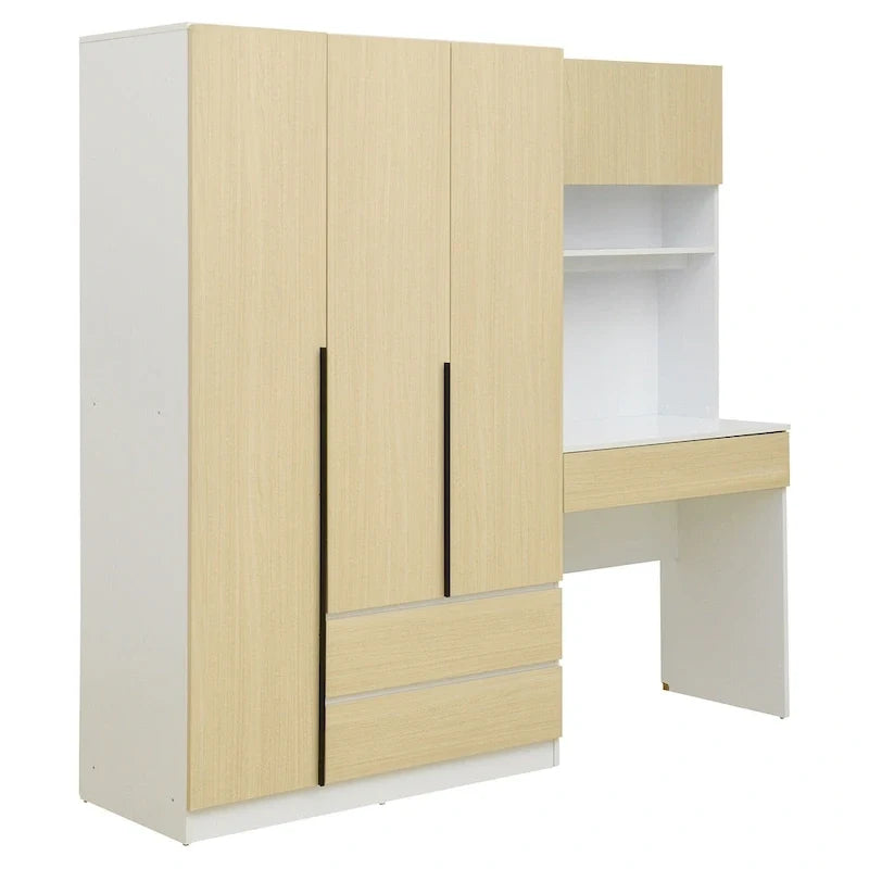 3-in-1 Kleiderschrank mit Schminktisch, Schreibtisch-Set, Schlafzimmer-Schrank mit 2 Schubladen, 3-türiger Aufbewahrungsschrank mit Schreibtisch