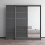 2-türiger Kleiderschrank mit Spiegel, Glasfront, 2-Personen (Grau / Schwarz / Weiß)