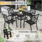 SUNCROWN Garten-Essgruppe 5/7-teilig, Stahl, Tisch mit Metalllatten und stapelbaren Stühlen, pulverbeschichteter Rahmen