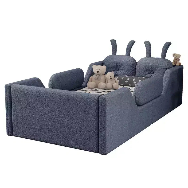 Whisen Twin Plattformbett, Kinder-Bodenpolsterbettgestell mit Hasenkissen, abnehmbare Seitengitter
