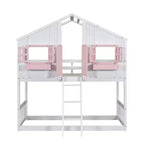 Doppel-Loftbett in Hausform, Holzspielhaus-Loftbett mit Leiter und Schutzgittern für Kinder