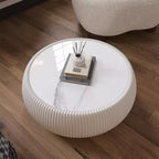 Okak Moderner runder Trommel Couchtisch mit Marmorplatte und Lederseite, Modischer Beistelltisch für Wohnzimmer, Schlafzimmer