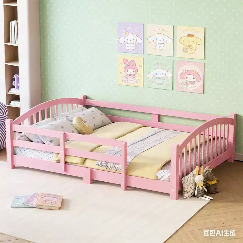 Luxystar Montessori-Bett in voller Größe mit niedriger Profilhöhe, Sicherheitsgittern und Kopfteil